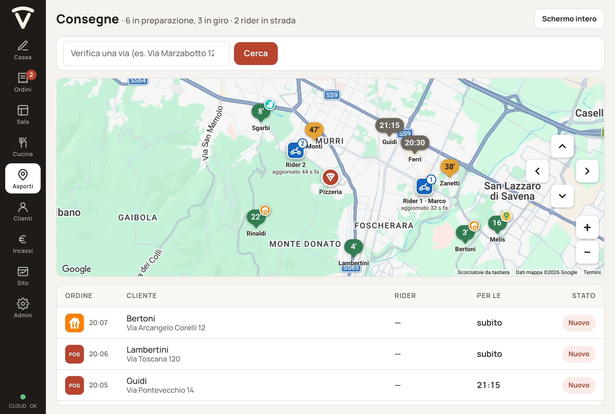 La mappa delle consegne con le consegne di Just Eat, Deliveroo e Glovo, ognuna col pallino della sua app, accanto ai rider della pizzeria.