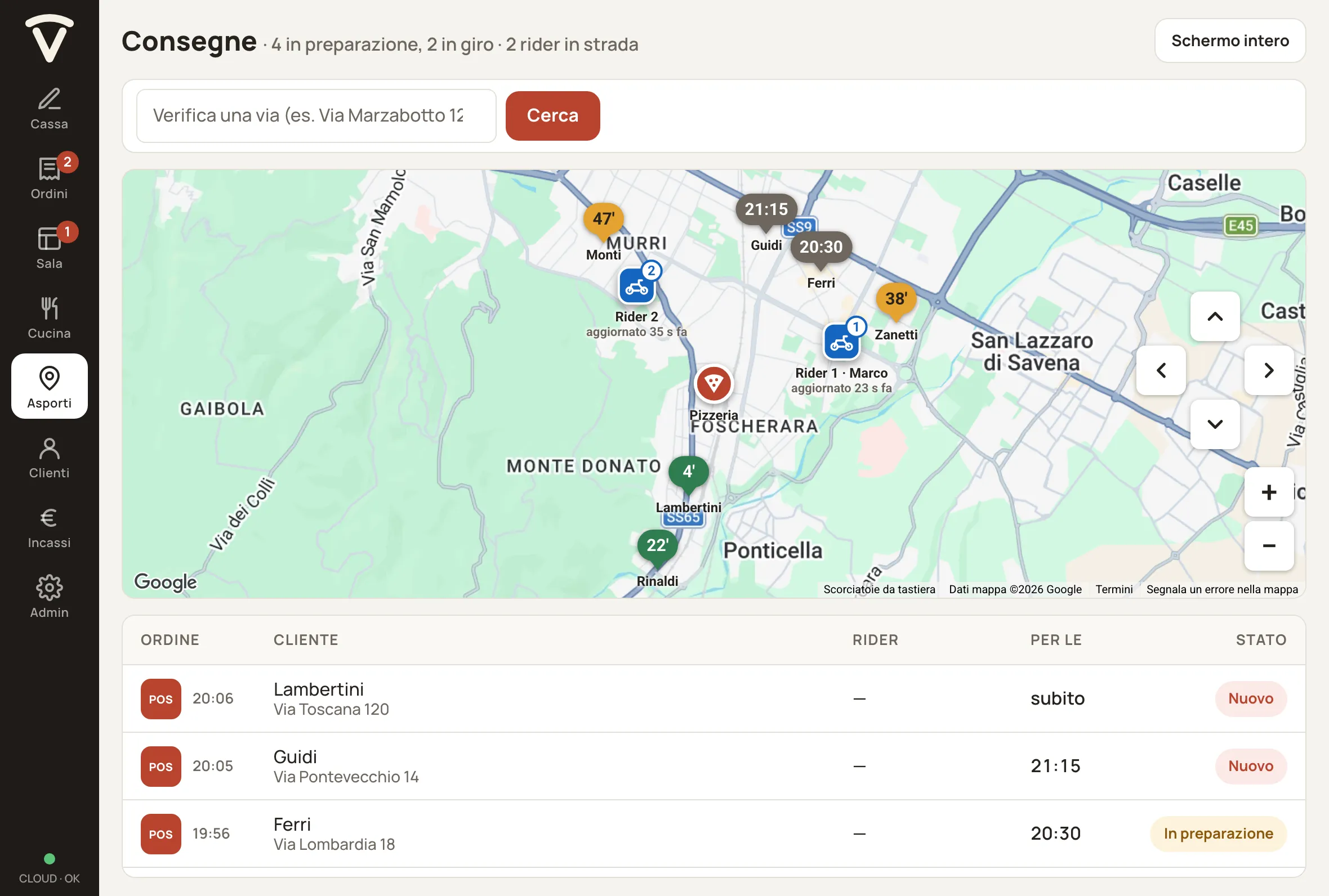 Le consegne nella cassa: l’elenco degli ordini e la mappa con il rider.