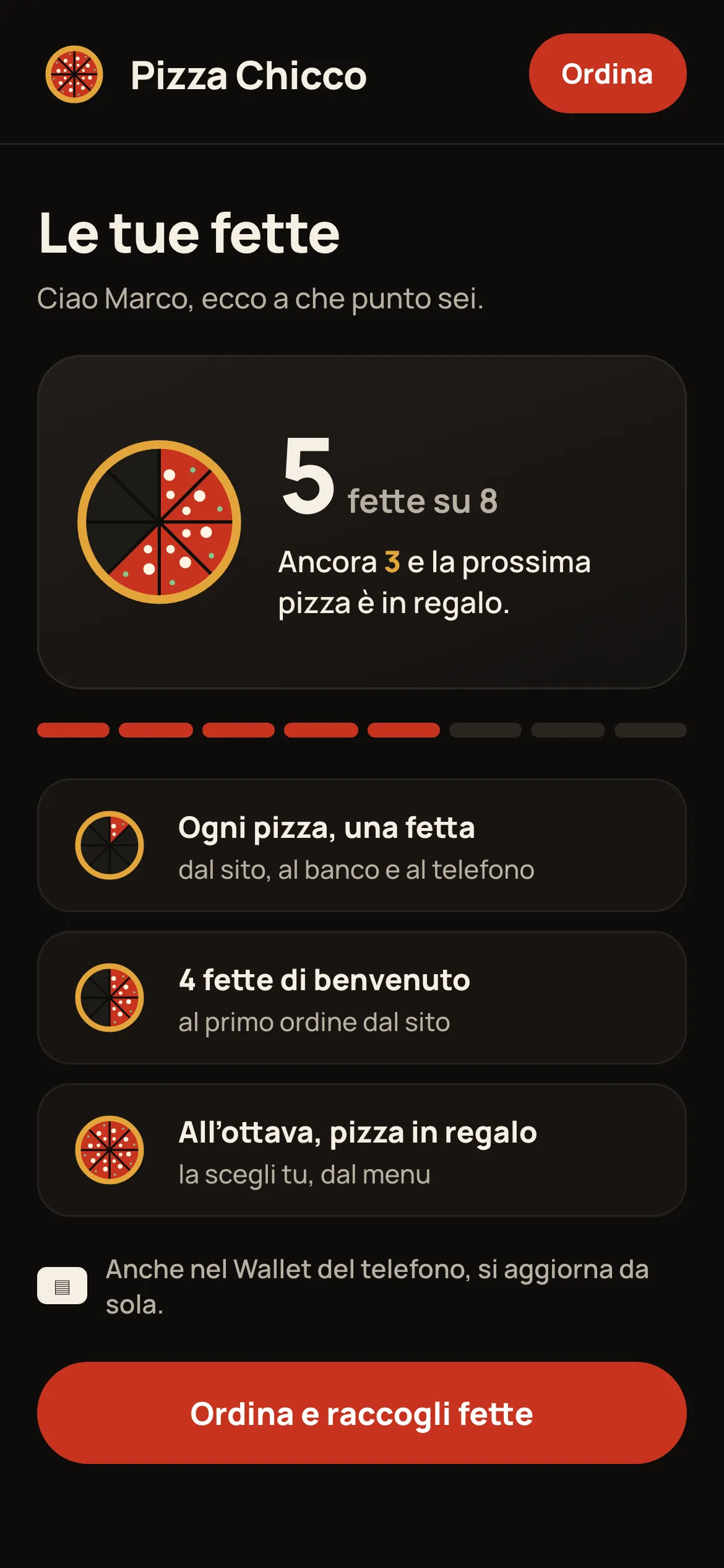 La tessera delle fette sul telefono del cliente: cinque fette su otto, ancora tre e la pizza è in regalo.