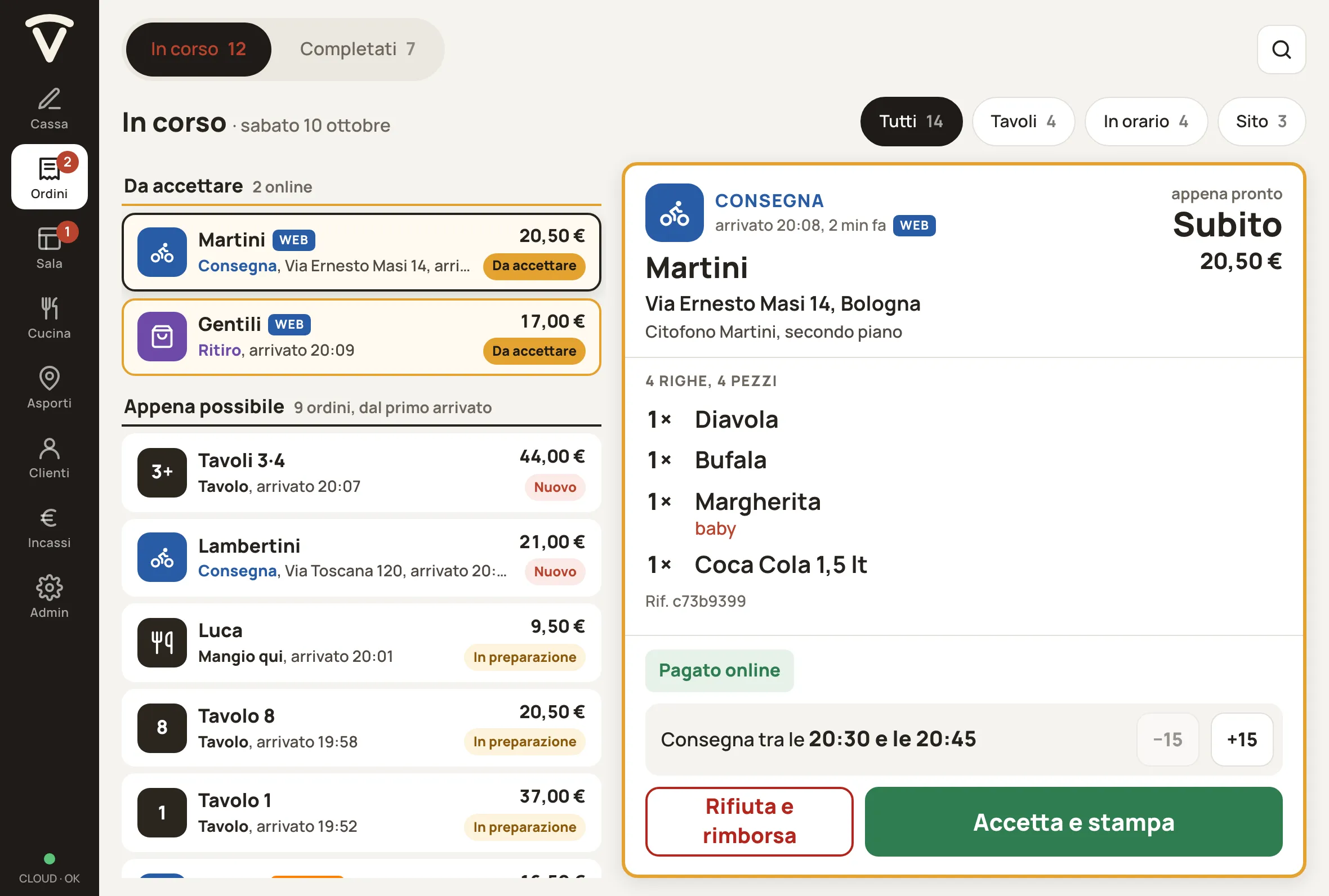 La lista degli ordini nella cassa, ognuno col suo canale e il suo stato.