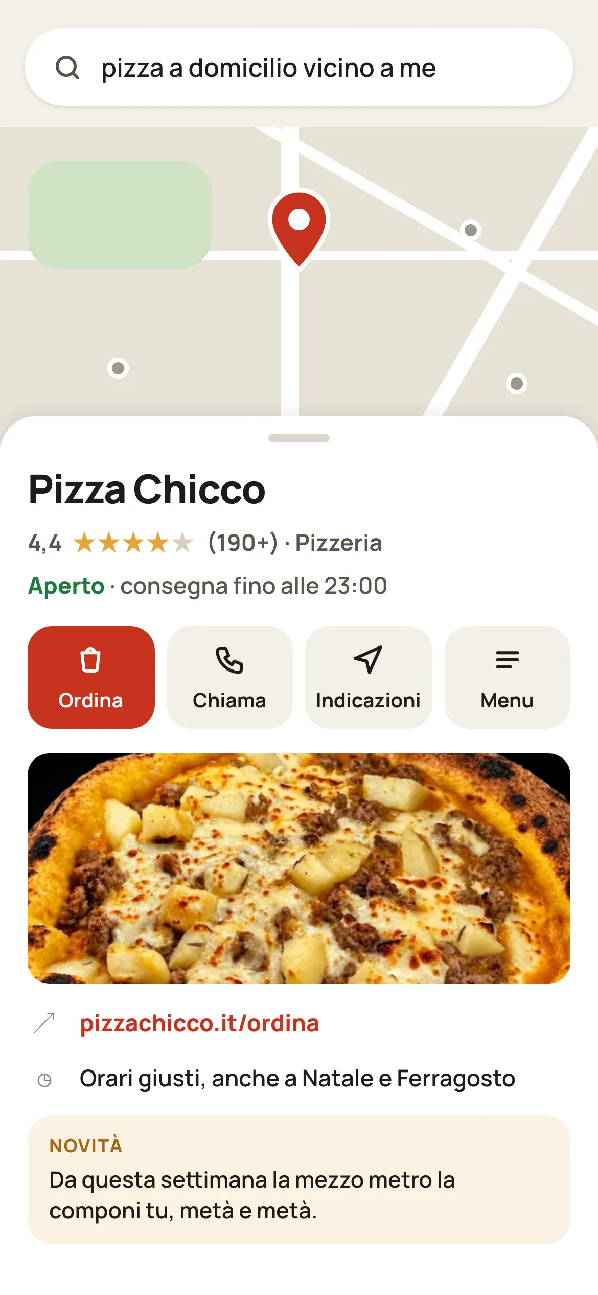 La scheda della pizzeria su Google dal telefono: voto, aperto ora, il tasto Ordina verso il sito, la foto e le novità.
