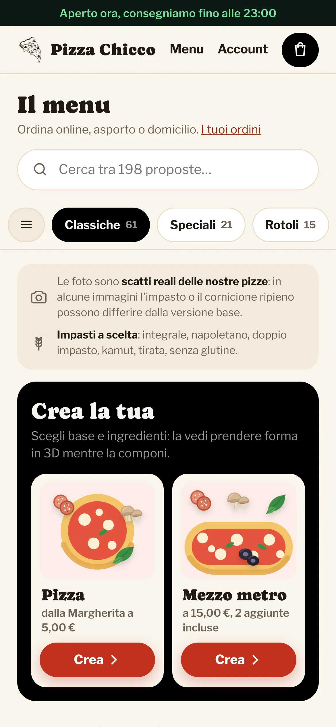 Il menu del sito ordini sul telefono: la ricerca, le categorie e il Crea la tua.