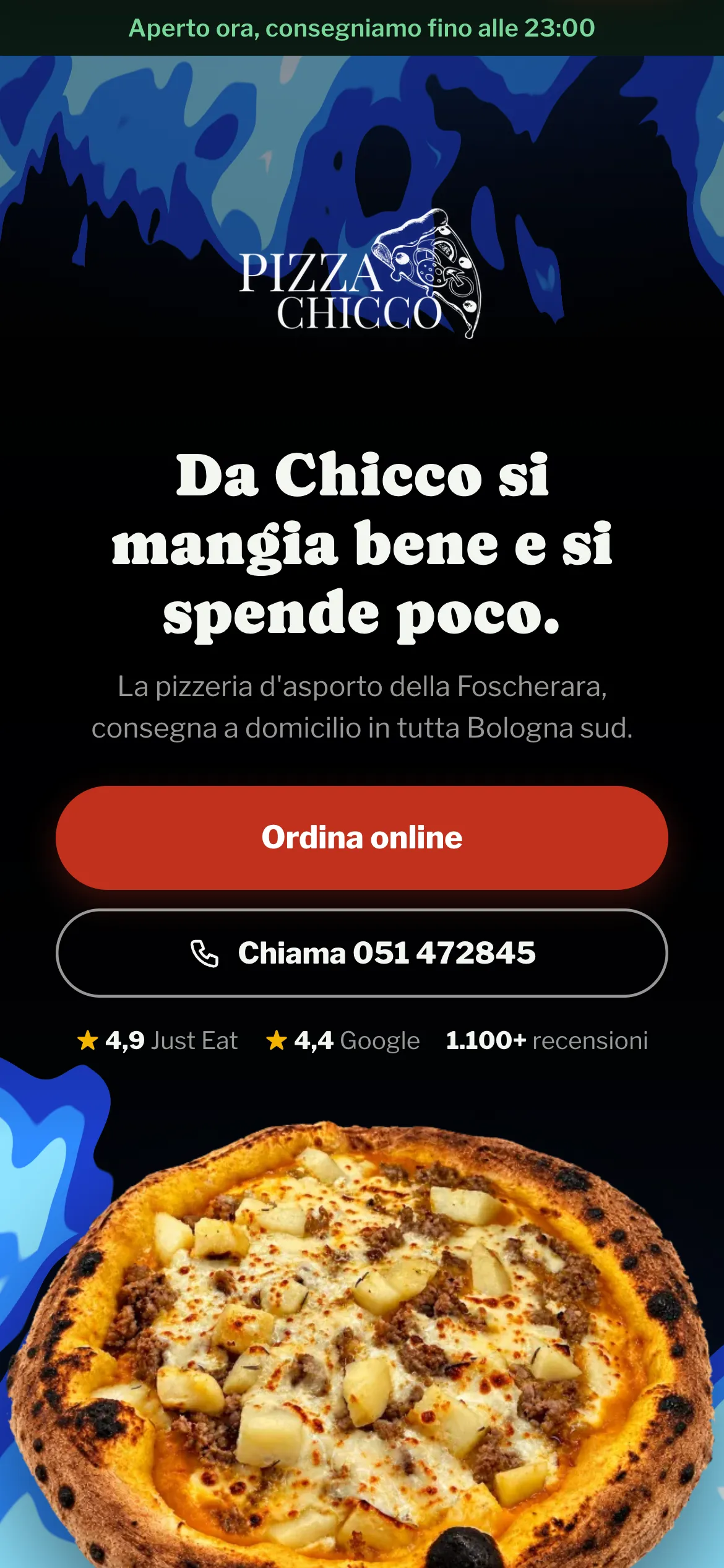 Il sito di Pizza Chicco sul telefono: la prima schermata, col tasto «Ordina online».